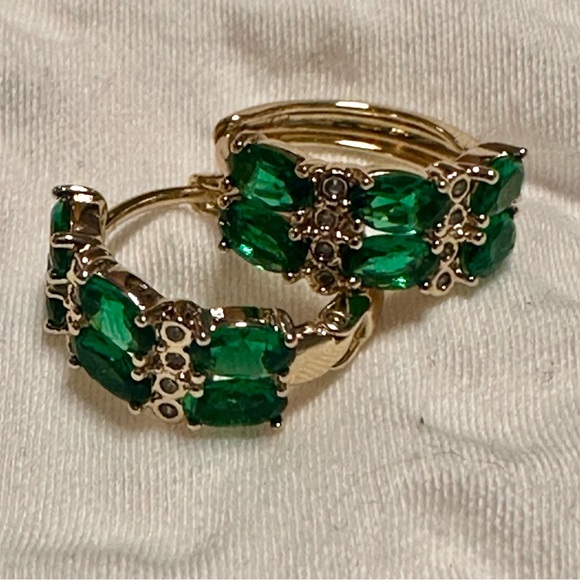14K Gold Filled Green CZ Oval Huggie Earrings | Emerald Look Hoops - Picture 2 of 9